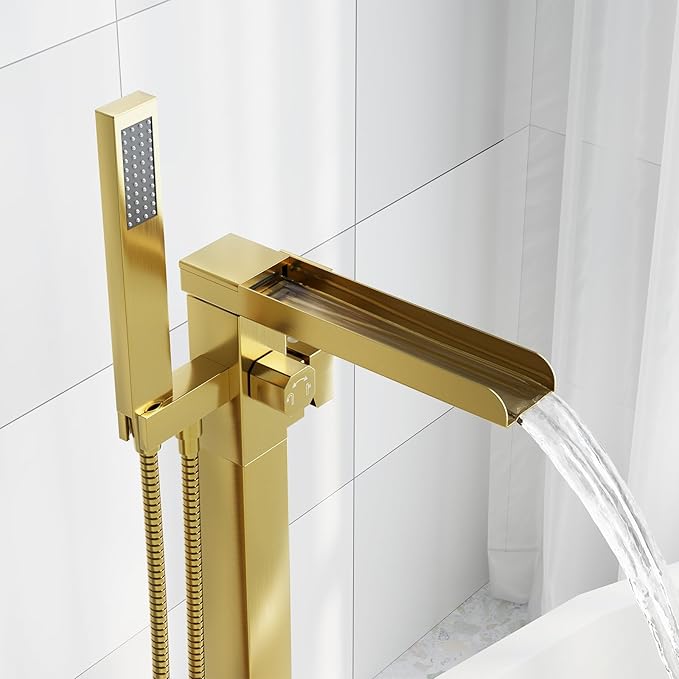 Freestanding Bathtub Faucet, Floor Mount Bathtub Faucet with 2 Water Outlet Modes, Swivel Gooseneck Spout with Hand Shower,Single Handle, Max Flow Rate 7.4 GPM (Waterfall-Bright Gold)