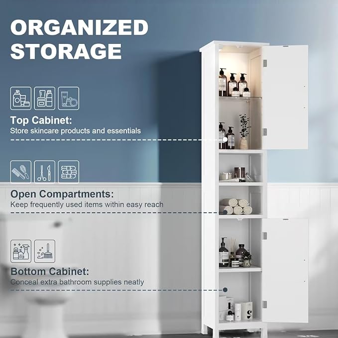 67" Tall Bathroom Storage Cabinet with Lights, Slim Narrow Bathroom Cabinet Organizer with Doors and Adjustable Shelves, Tall Cabinet for Small Space, Living Room, Kitchen (White)