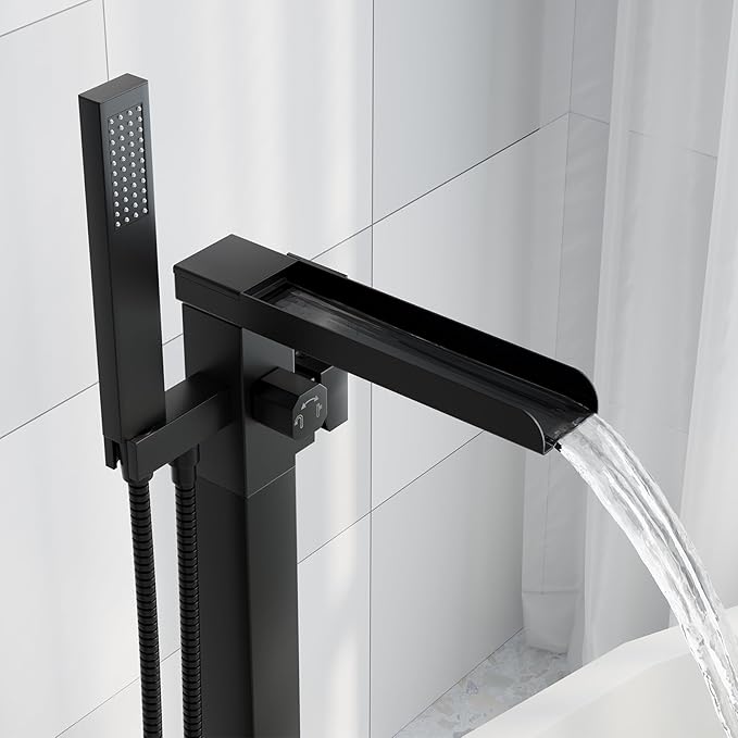 Freestanding Bathtub Faucet, Floor Mount Bathtub Faucet with 2 Water Outlet Modes, Swivel Gooseneck Spout with Hand Shower,Single Handle, Max Flow Rate 7.4 GPM (Waterfall-Black)