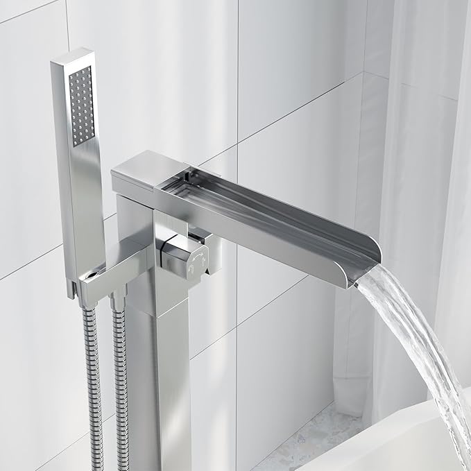 Freestanding Bathtub Faucet, Floor Mount Bathtub Faucet with 2 Water Outlet Modes, Swivel Gooseneck Spout with Hand Shower,Single Handle, Max Flow Rate 7.4 GPM (Waterfall-Brushed Nickel)
