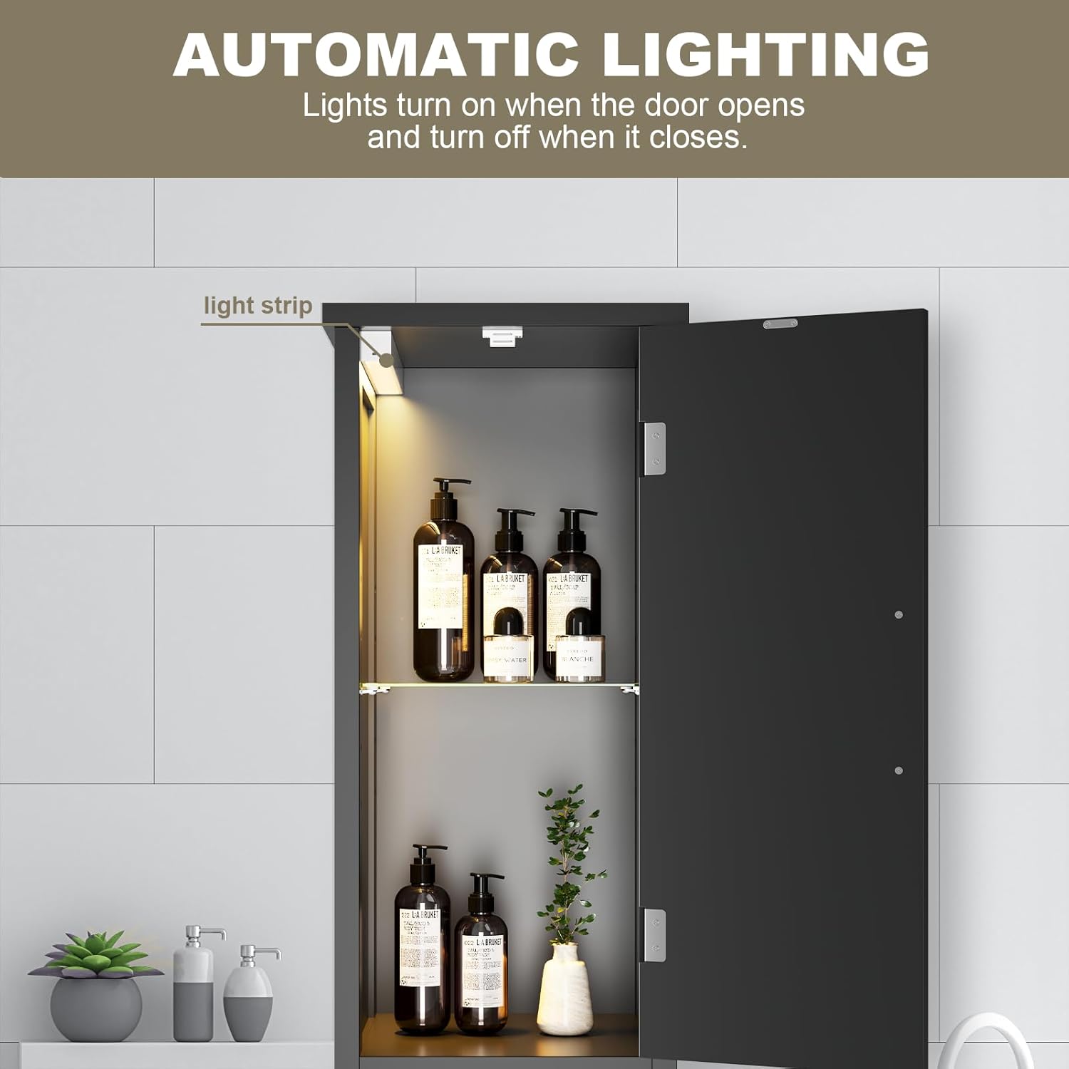 67" Tall Bathroom Storage Cabinet with Lights, Slim Narrow Bathroom Cabinet Organizer with Doors and Adjustable Shelves, Tall Cabinet for Small Space, Living Room (Black)
