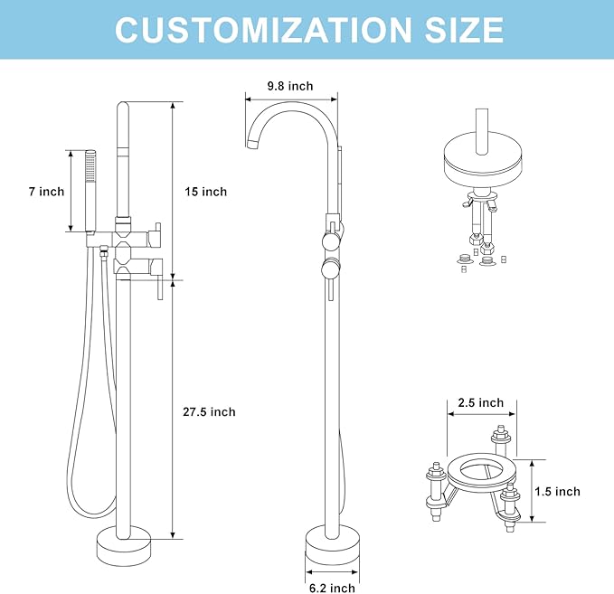 Freestanding Bathtub Faucet, Floor Mount Bathtub Faucet with 2 Water Outlet Mode, Swivel Gooseneck Spout with Hand Shower, Brass Single Handle Tub filler, Max Flow Rate 7.4 GPM (Gooseneck-Brushed Nickel)