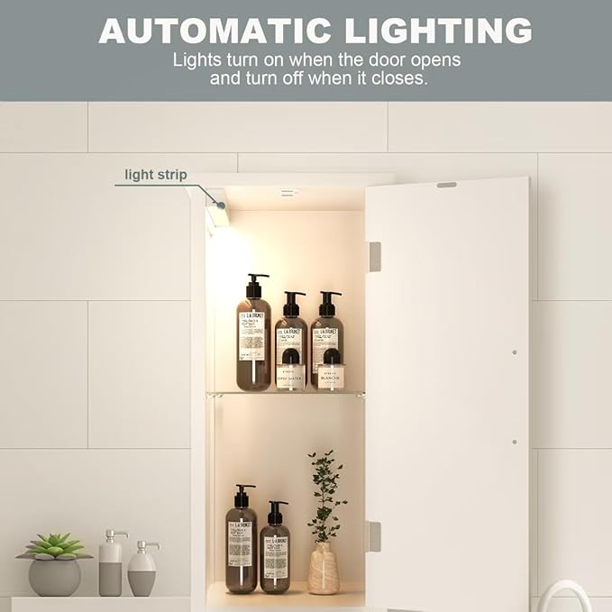 67" Tall Bathroom Storage Cabinet with Lights, Slim Narrow Bathroom Cabinet Organizer with Doors and Adjustable Shelves, Tall Cabinet for Small Space, Living Room, Kitchen (White)