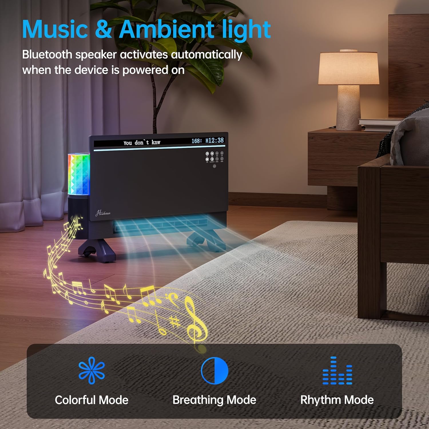 Electric Space Heater, Heater for indoor use, Dual Heating Modes, 120°Wide Oscillation, Bluetooth Speaker with 3 RGB Modes, Child lock, Display for Lyrics, Timing function (Grey)