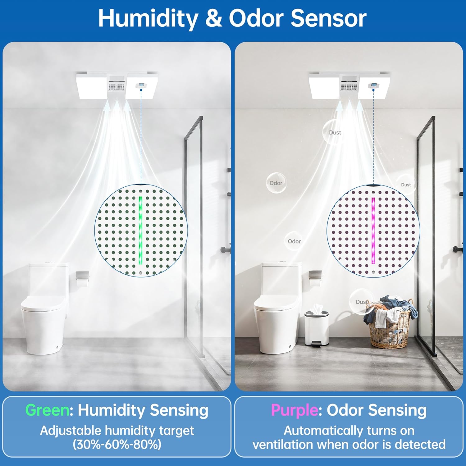 Exhaust Fan with Heater, Bluetooth Speaker, 230 CFM Quiet Ventilation Fan with Humidity & Odor Sensor, 3-Color Dimmable Light, App/Voice/Remote Control, Easy-Clean Dust Filter (White)