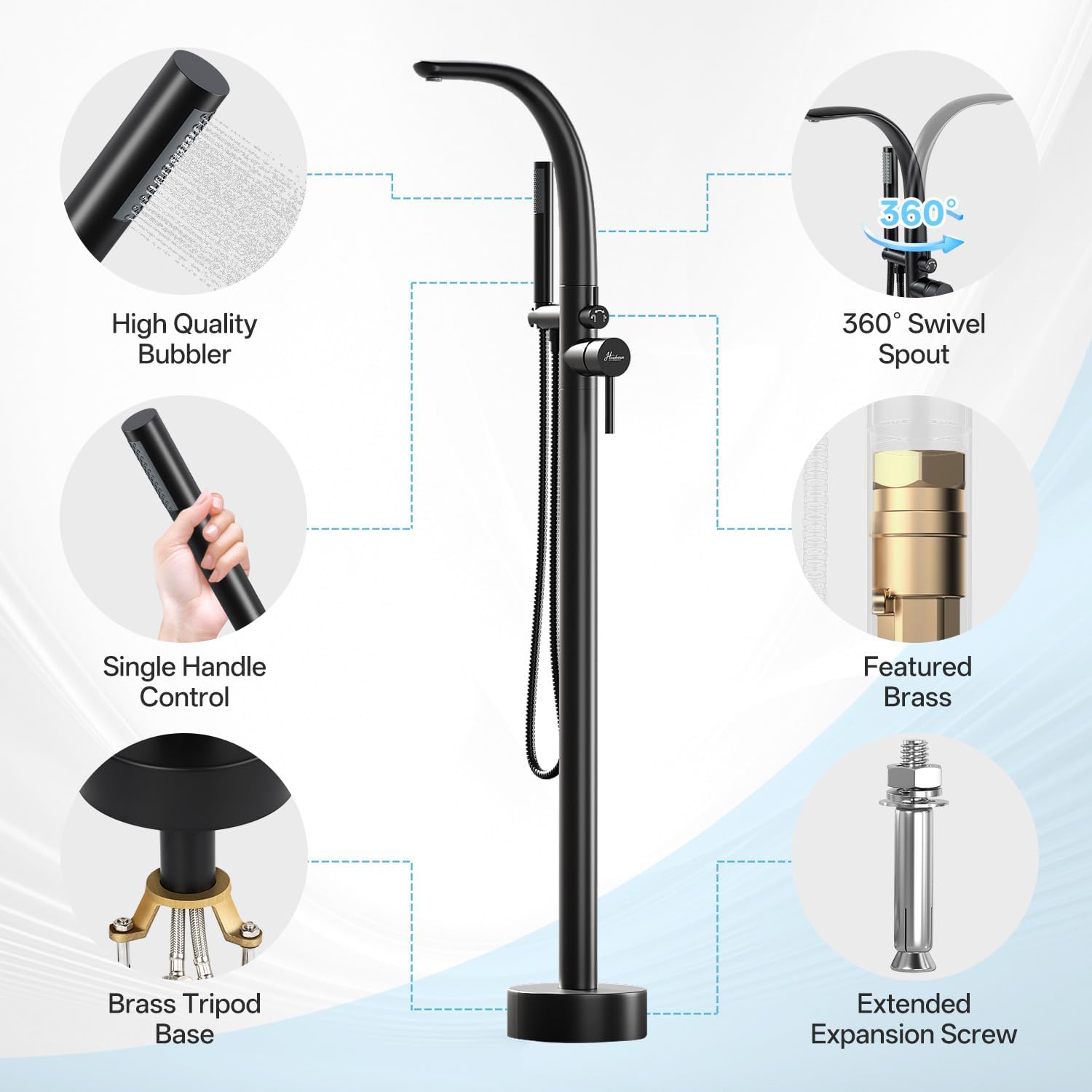 Freestanding Bathtub Faucet, Floor Mount Bathtub Faucet with 2 Water Outlet Modes, Swivel Gooseneck Spout with Hand Shower,Single Handle, Max Flow Rate 7.4 GPM (Type3-Black)
