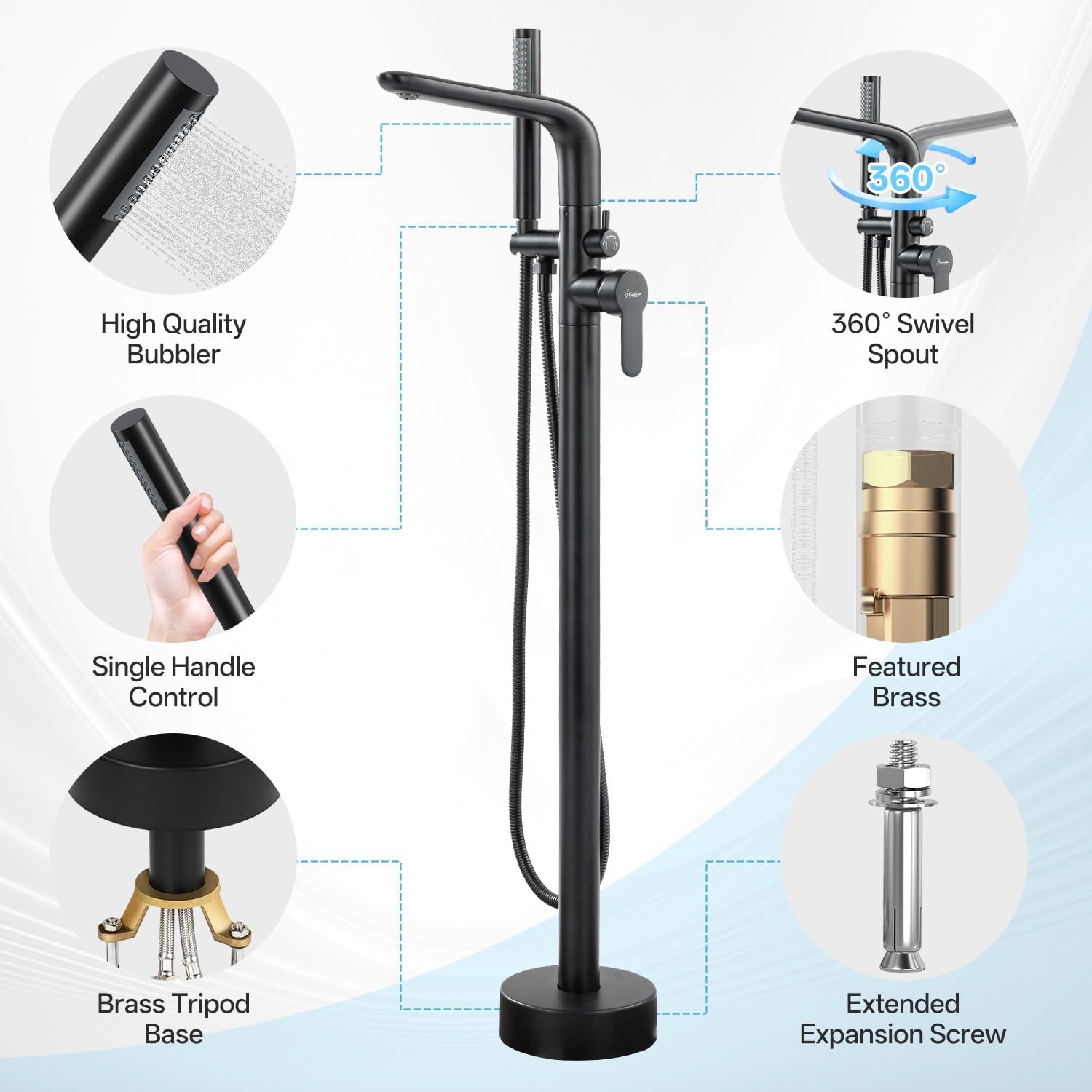 Freestanding Bathtub Faucet, Floor Mount Bathtub Faucet with 2 Water Outlet Modes, Swivel Gooseneck Spout with Hand Shower,Single Handle, Max Flow Rate 7.4 GPM (Type1-Black)