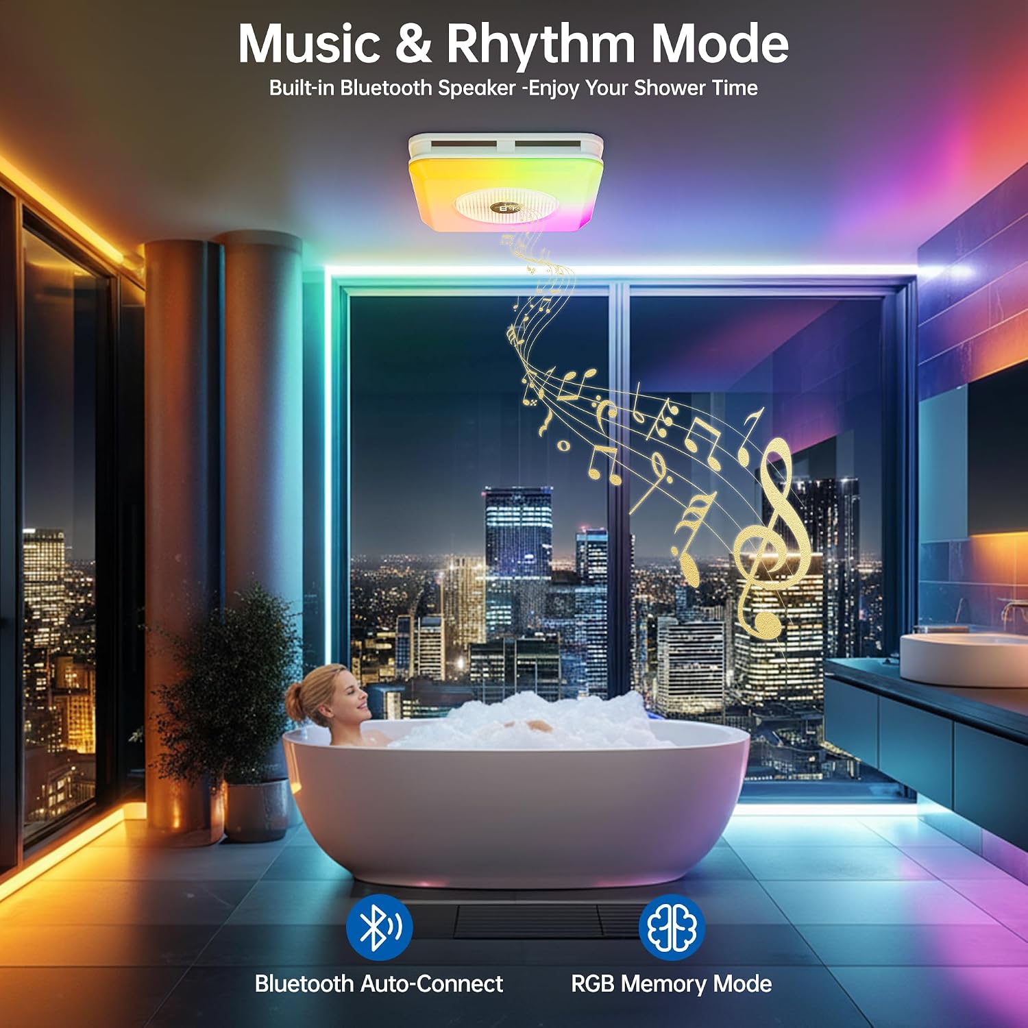Hawkrown Bathroom Exhaust Fan with Bluetooth Speaker, 160 CFM 1.0 Sone Bathroom Exhaust Fan with Light, 3 Dynamic Light, 7 LED Color, 3 Color Temperatures, Nightlight,Remote, Easy Install