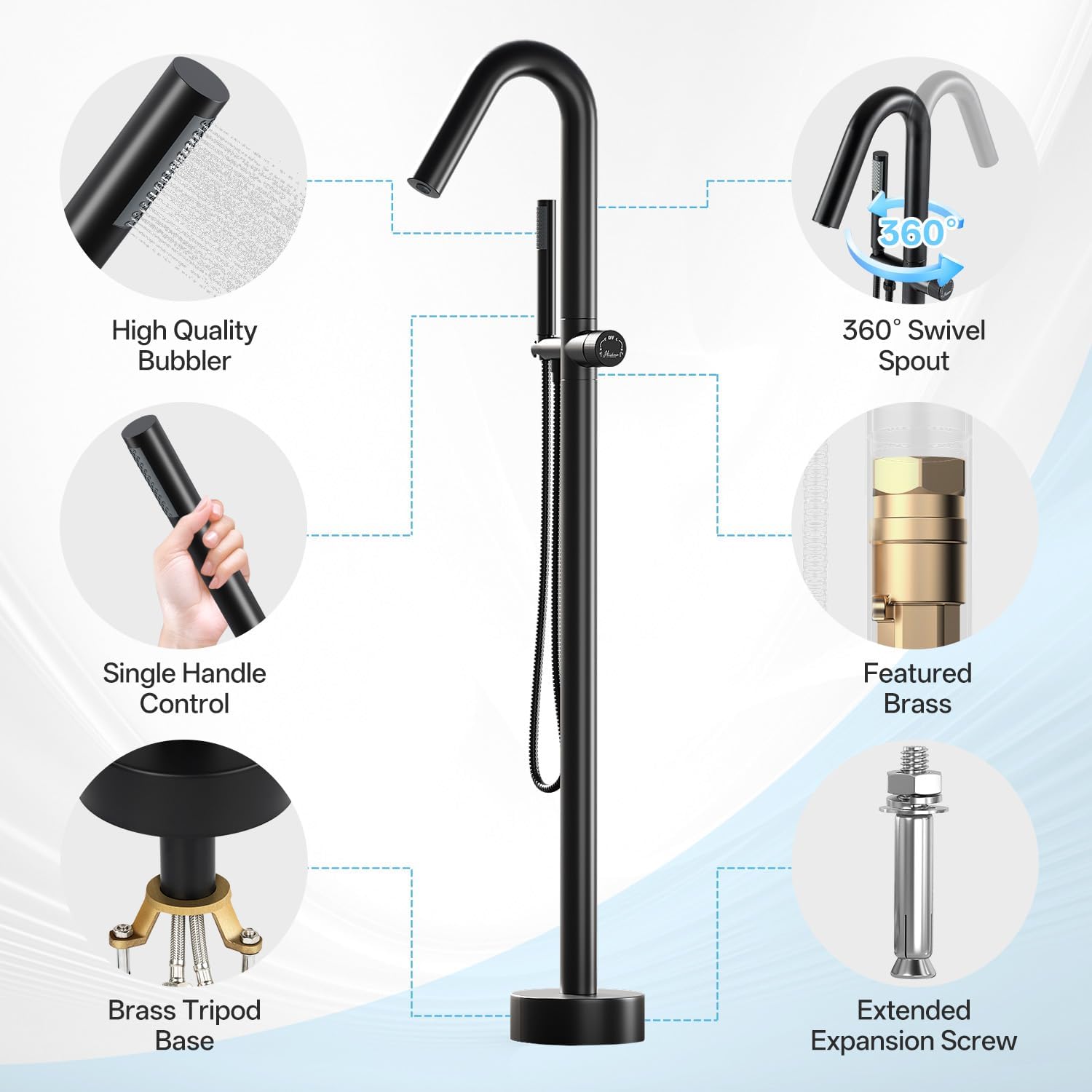 Freestanding Bathtub Faucet, Floor Mount Bathtub Faucet with 2 Water Outlet Modes, Swivel Gooseneck Spout with Hand Shower,Single Handle, Max Flow Rate 7.4 GPM (Type2-Black)