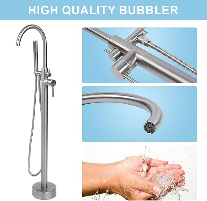 Freestanding Bathtub Faucet, Floor Mount Bathtub Faucet with 2 Water Outlet Mode, Swivel Gooseneck Spout with Hand Shower, Brass Single Handle Tub filler, Max Flow Rate 7.4 GPM (Gooseneck-Brushed Nickel)