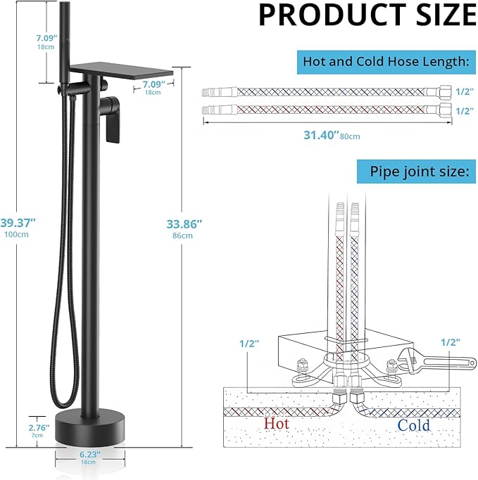 Freestanding Bathtub Faucet, Floor Mount Bathtub Faucet with 3 Water Outlet Modes, Swivel Waterfall Spout with Hand Shower, Brass Single Handle Tub filler, Max Flow Rate 7.4 GPM (Waterfall 2-Black)