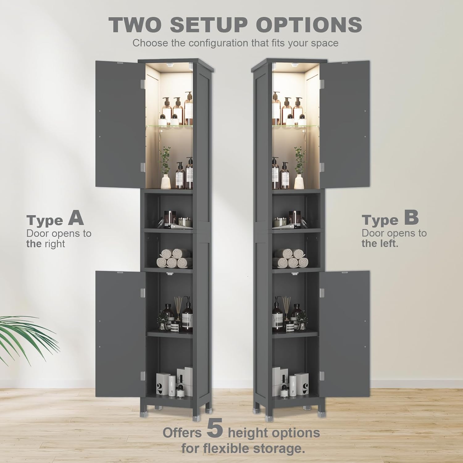 67" Tall Bathroom Storage Cabinet with Lights, Slim Narrow Bathroom Cabinet Organizer with Doors and Adjustable Shelves, Tall Cabinet for Small Space, Living Room, Kitchen (Grey)