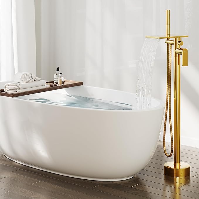 Freestanding Bathtub Faucet, Floor Mount Bathtub Faucet with 2 Water Outlet Modes, Swivel Gooseneck Spout with Hand Shower,Single Handle, Max Flow Rate 7.4 GPM (Waterfall 2-Bright Gold)