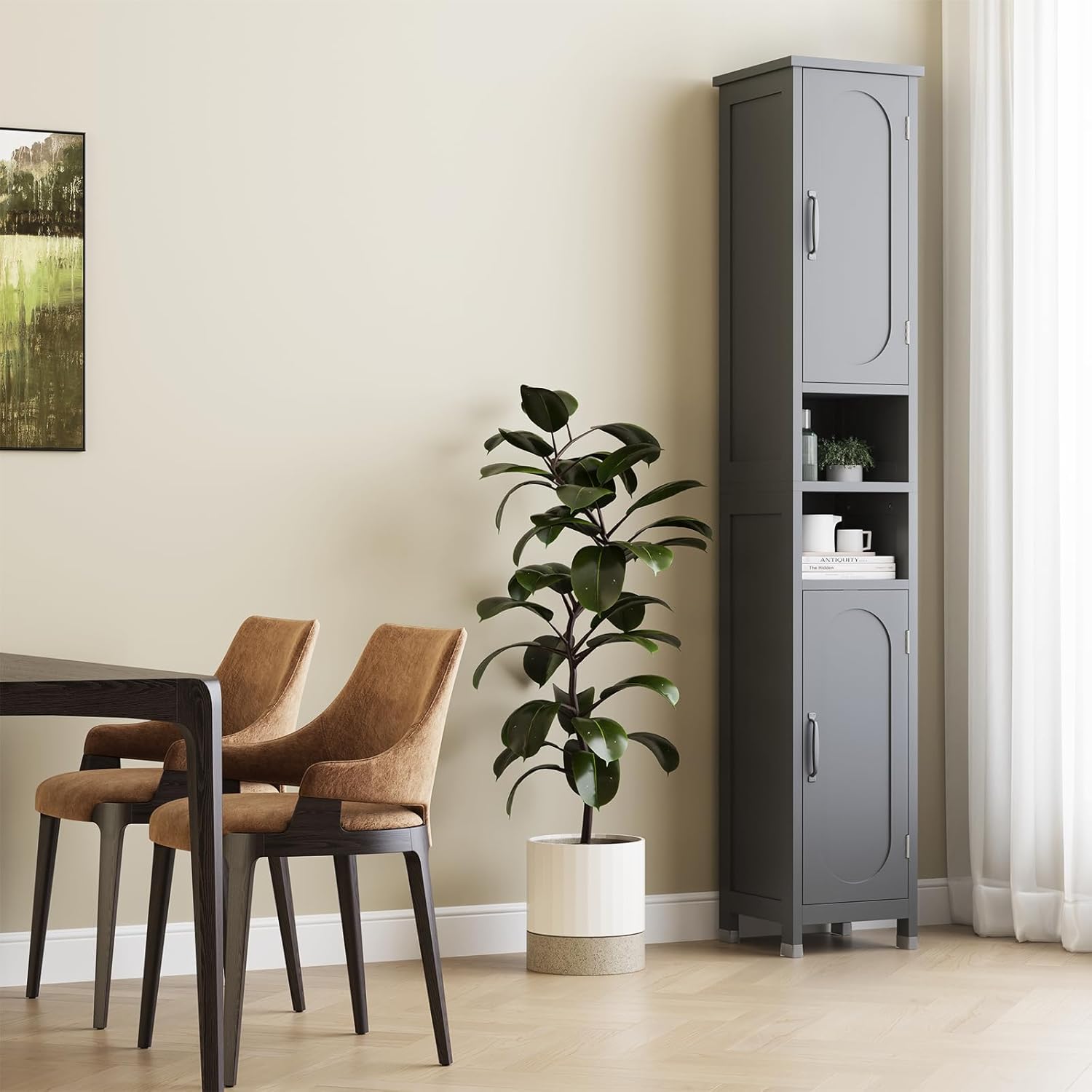 67" Tall Bathroom Storage Cabinet with Lights, Slim Narrow Bathroom Cabinet Organizer with Doors and Adjustable Shelves, Tall Cabinet for Small Space, Living Room, Kitchen (Grey)