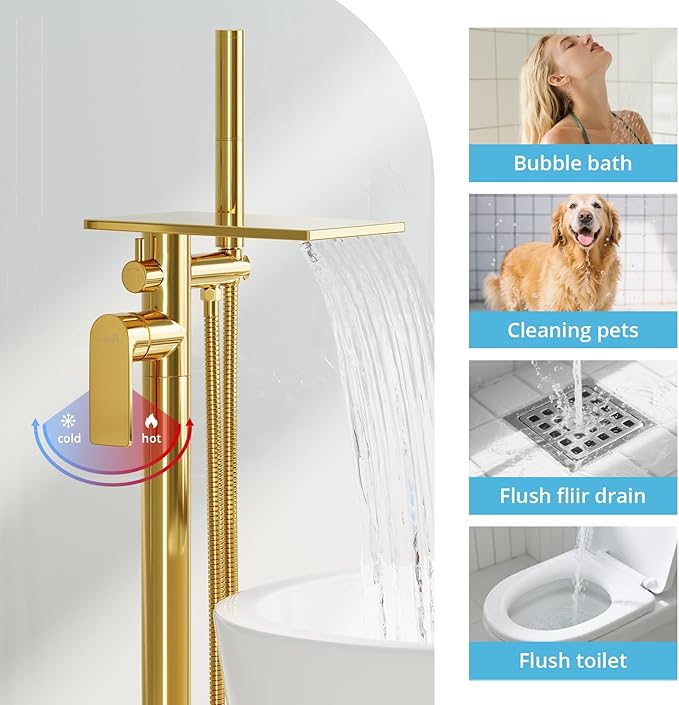 Freestanding Bathtub Faucet, Floor Mount Bathtub Faucet with 2 Water Outlet Modes, Swivel Gooseneck Spout with Hand Shower,Single Handle, Max Flow Rate 7.4 GPM (Waterfall 2-Bright Gold)