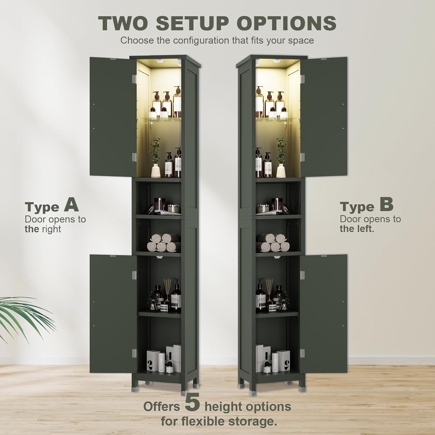 67" Tall Bathroom Storage Cabinet with Lights, Slim Narrow Bathroom Cabinet Organizer with Doors and Adjustable Shelves, Tall Cabinet for Small Space, Living Room (Green)