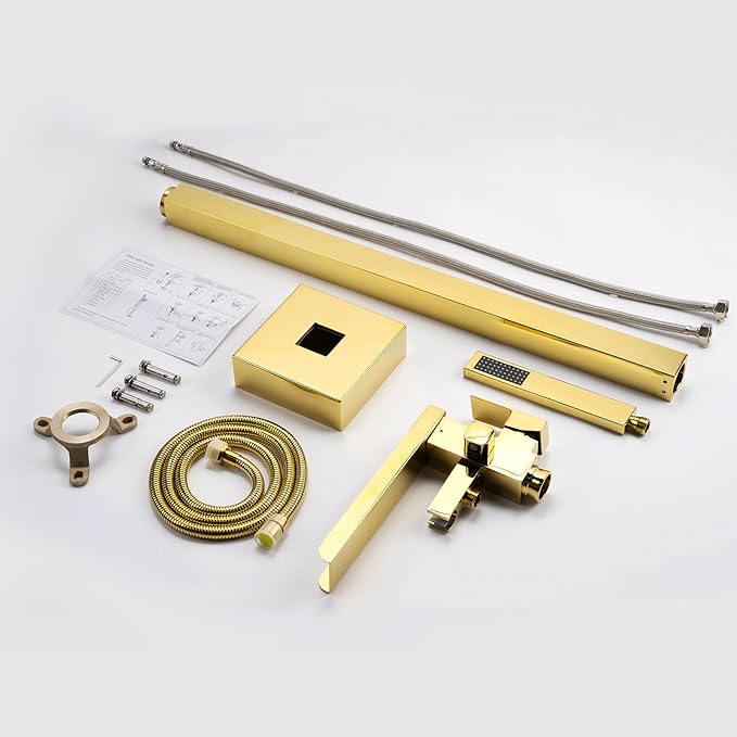 Freestanding Bathtub Faucet, Floor Mount Bathtub Faucet with 2 Water Outlet Modes, Swivel Gooseneck Spout with Hand Shower,Single Handle, Max Flow Rate 7.4 GPM (Waterfall-Bright Gold)