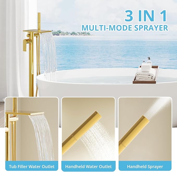 Freestanding Bathtub Faucet, Floor Mount Bathtub Faucet with 2 Water Outlet Modes, Swivel Gooseneck Spout with Hand Shower,Single Handle, Max Flow Rate 7.4 GPM (Waterfall 2-Bright Gold)