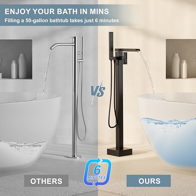 Freestanding Bathtub Faucet, Floor Mount Bathtub Faucet with 2 Water Outlet Modes, Swivel Gooseneck Spout with Hand Shower,Single Handle, Max Flow Rate 7.4 GPM (Waterfall-Black)