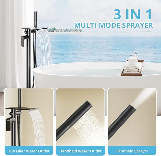 Freestanding Bathtub Faucet, Floor Mount Bathtub Faucet with 3 Water Outlet Modes, Swivel Waterfall Spout with Hand Shower, Brass Single Handle Tub filler, Max Flow Rate 7.4 GPM (Waterfall 2-Black)