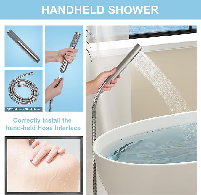 Freestanding Bathtub Faucet, Floor Mount Bathtub Faucet with 2 Water Outlet Mode, Swivel Gooseneck Spout with Hand Shower, Brass Single Handle Tub filler, Max Flow Rate 7.4 GPM (Gooseneck-Brushed Nickel)