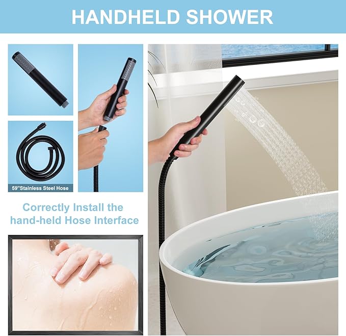 Freestanding Bathtub Faucet, Floor Mount Bathtub Faucet with 2 Water Outlet Modes, Swivel Gooseneck Spout with Hand Shower, Brass Single Handle Tub filler, Max Flow Rate 7.4 GPM (Gooseneck-Matte Black)
