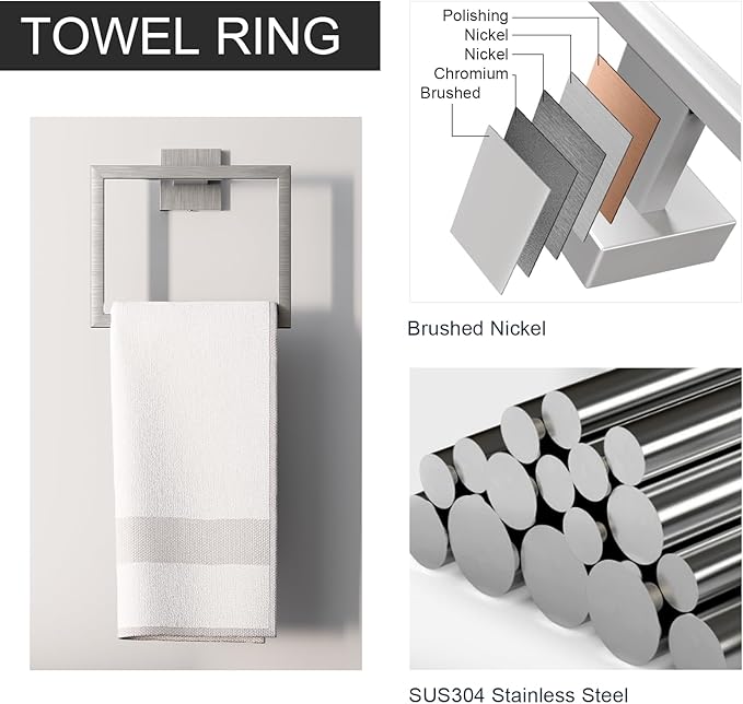 5-Pieces Bathroom Hardware Set, SUS304 Stainless Steel Wall Mounted 16 Inch Hand Towel Bar, Toilet Paper Holder, Towel Ring, Towel Hooks, Bathroom Towel Bar Set (Brushed Nickel)