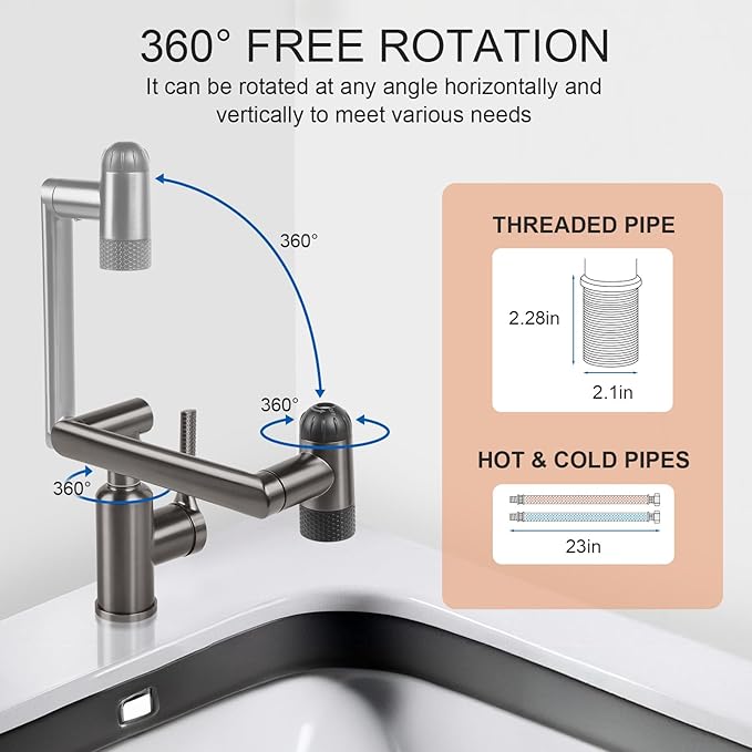 1080° Rotatable Bathroom Faucet, 1 Hole Single Handle with 4 Water Outlet Modes, Swivel Arm Faucet for Bathroom Kitchen and RV (Brushed Gray)
