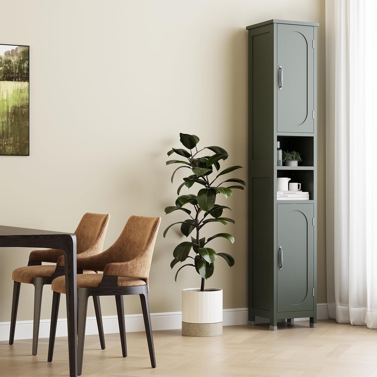 67" Tall Bathroom Storage Cabinet with Lights, Slim Narrow Bathroom Cabinet Organizer with Doors and Adjustable Shelves, Tall Cabinet for Small Space, Living Room (Green)