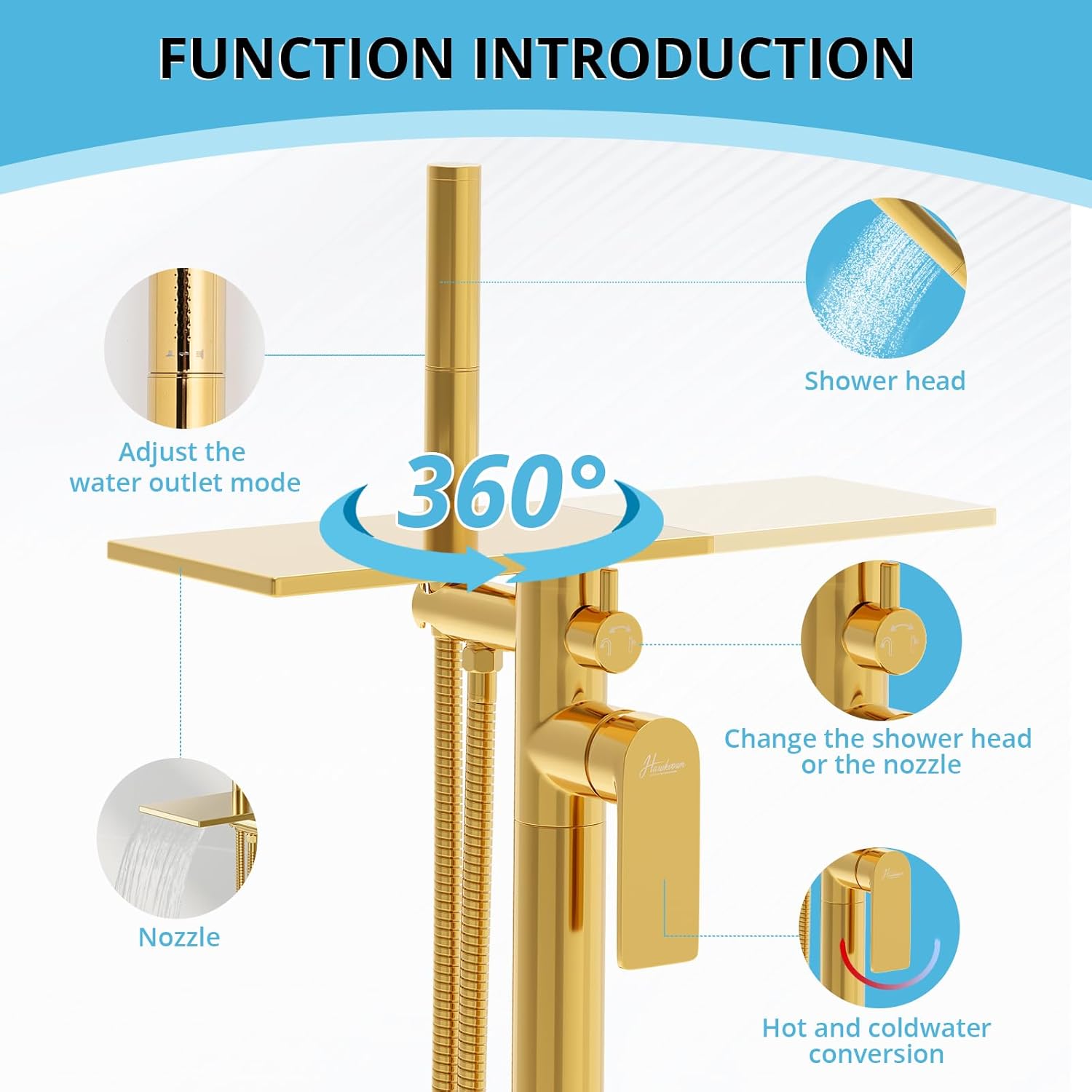 Freestanding Bathtub Faucet, Floor Mount Bathtub Faucet with 2 Water Outlet Modes, Swivel Gooseneck Spout with Hand Shower,Single Handle, Max Flow Rate 7.4 GPM (Waterfall 2-Bright Gold)