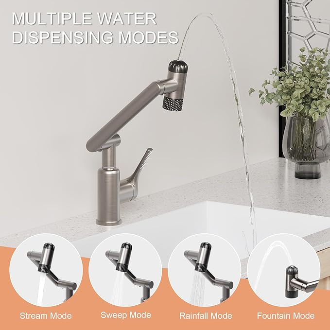 1080° Rotatable Bathroom Faucet, 1 Hole Single Handle with 4 Water Outlet Modes, Swivel Arm Faucet for Bathroom Kitchen and RV (Brushed Gray)