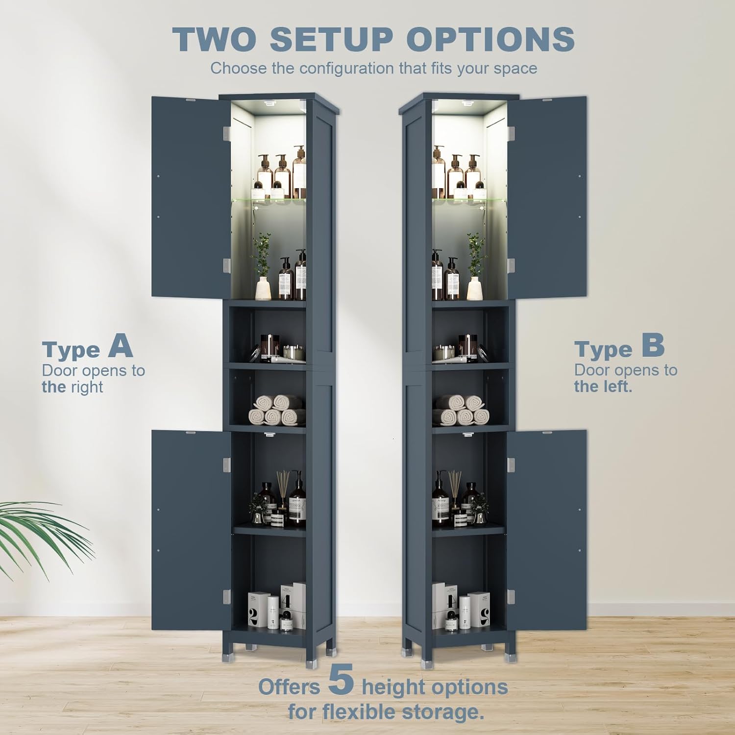 67" Tall Bathroom Storage Cabinet with Lights, Slim Narrow Bathroom Cabinet Organizer with Doors and Adjustable Shelves, Tall Cabinet for Small Space, Living Room (Blue)