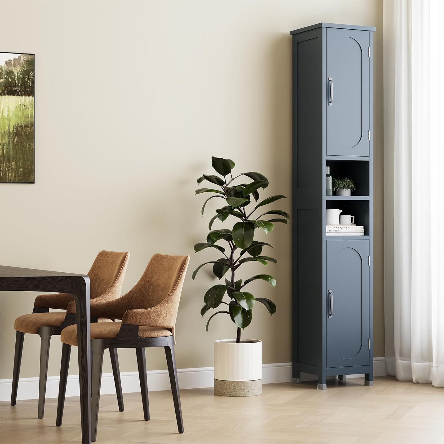 67" Tall Bathroom Storage Cabinet with Lights, Slim Narrow Bathroom Cabinet Organizer with Doors and Adjustable Shelves, Tall Cabinet for Small Space, Living Room (Blue)