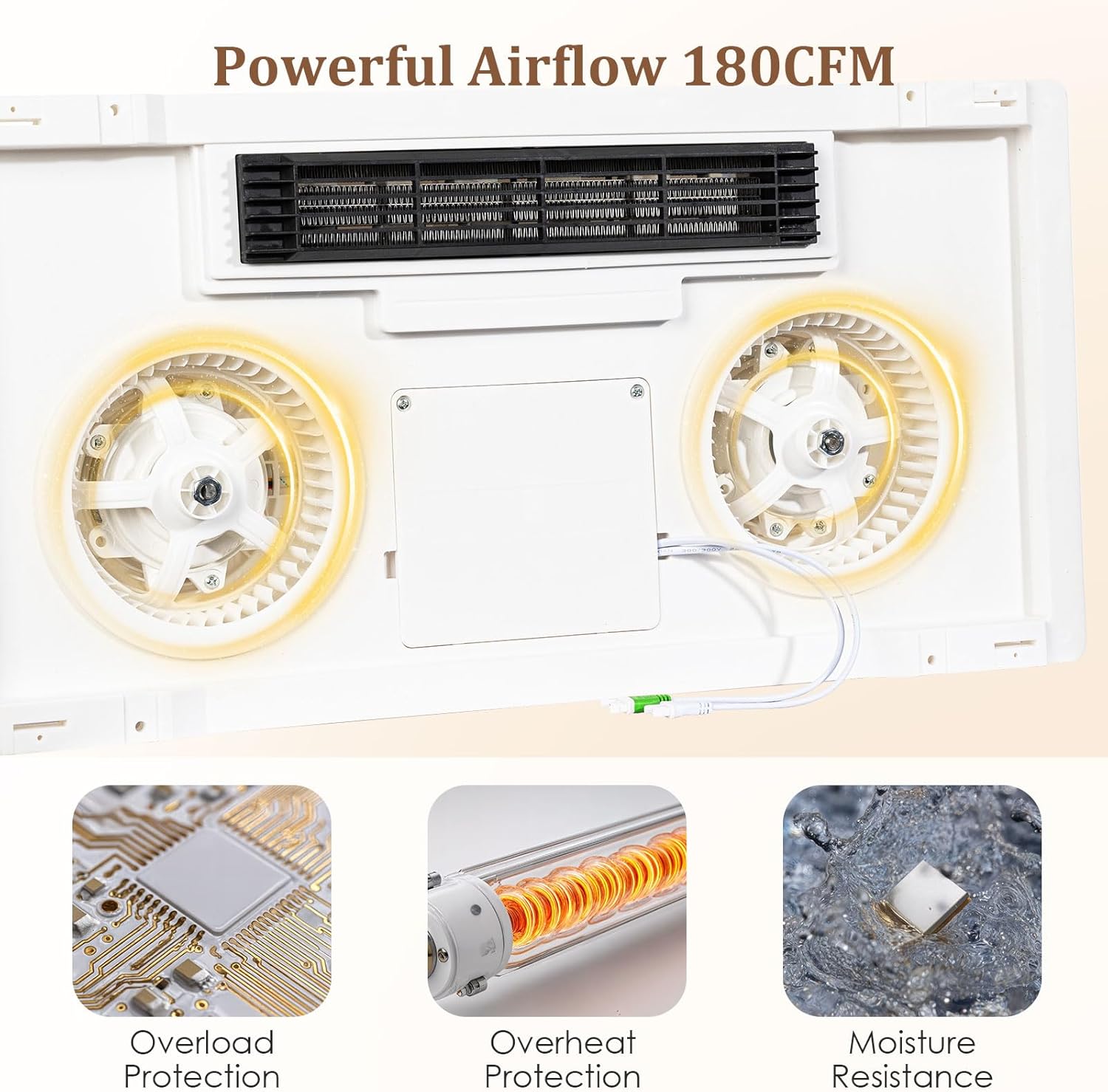 4 in 1 Bathroom Exhaust Fan with Light and Heater, 1800W 180 CFM 1.0 Sone Ceiling Fan Remote Control Heater, Ventilation for Home, Bath, Hotel