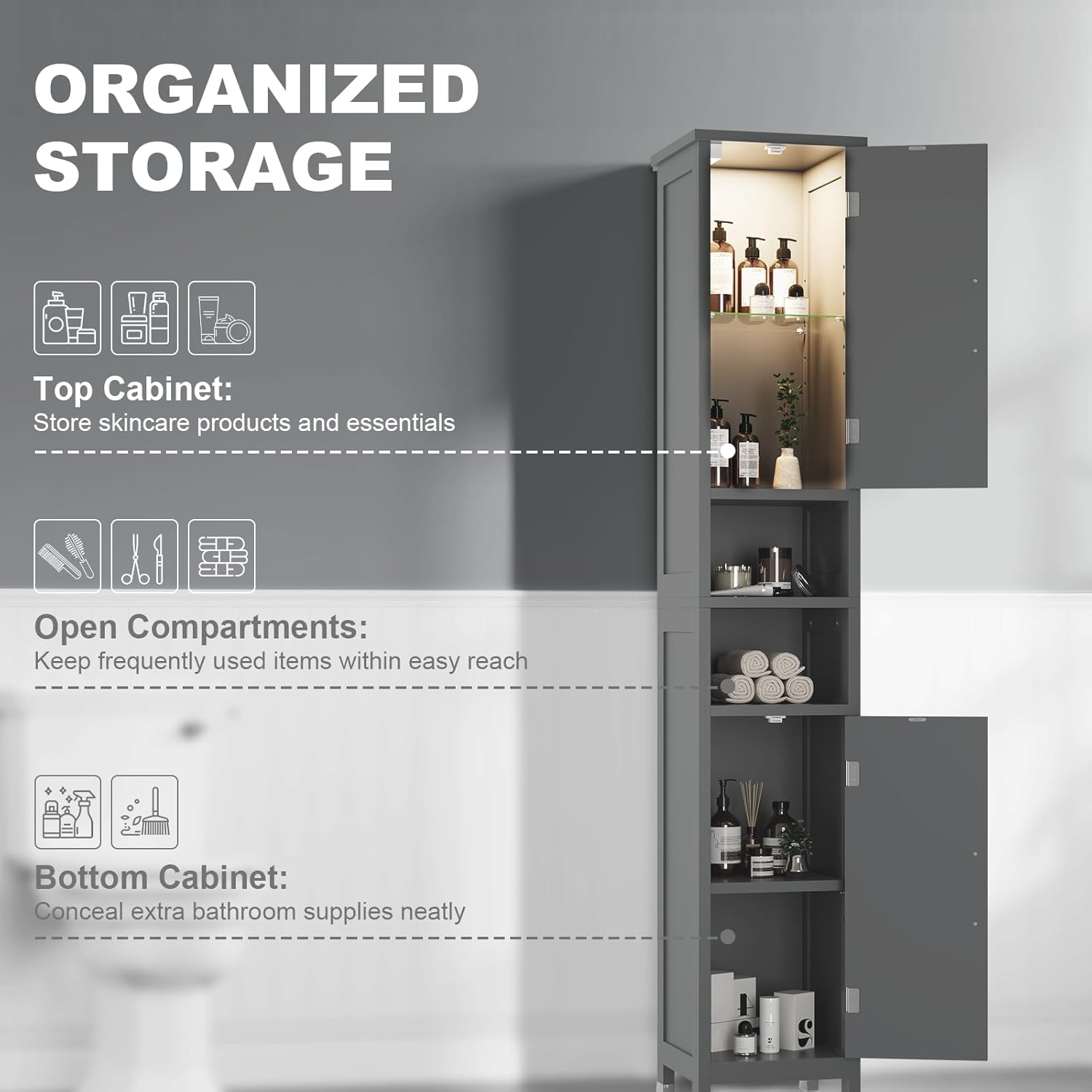 67" Tall Bathroom Storage Cabinet with Lights, Slim Narrow Bathroom Cabinet Organizer with Doors and Adjustable Shelves, Tall Cabinet for Small Space, Living Room, Kitchen (Grey)
