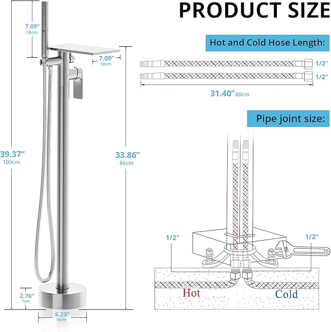Freestanding Bathtub Faucet, Floor Mount Bathtub Faucet with 2 Water Outlet Modes, Swivel Gooseneck Spout with Hand Shower,Single Handle, Max Flow Rate 7.4 GPM (Waterfall 2-Brushed Nickel)