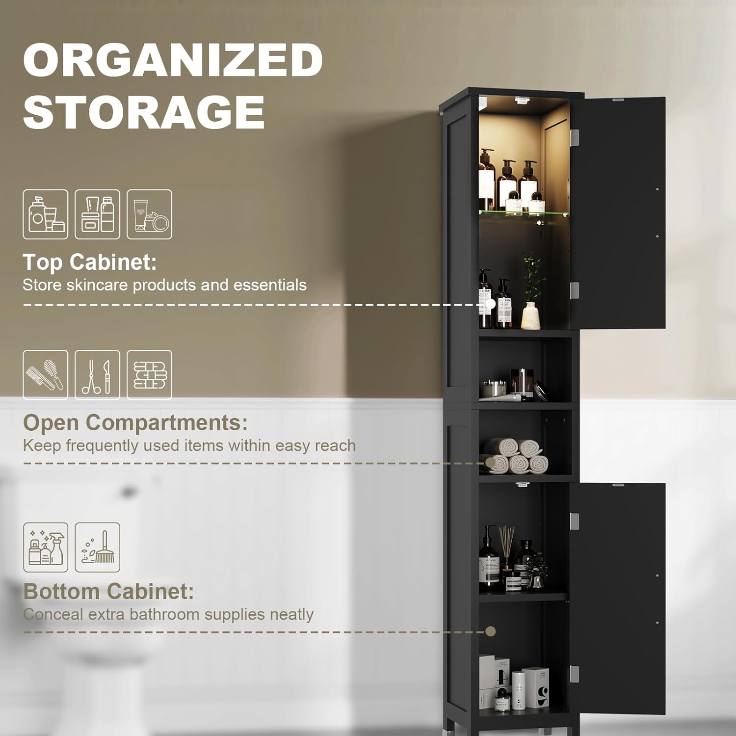 67" Tall Bathroom Storage Cabinet with Lights, Slim Narrow Bathroom Cabinet Organizer with Doors and Adjustable Shelves, Tall Cabinet for Small Space, Living Room (Black)