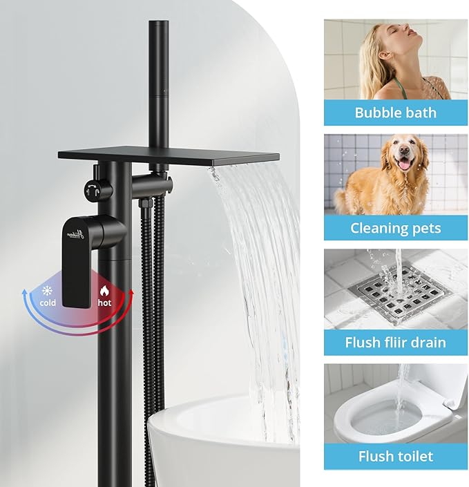 Freestanding Bathtub Faucet, Floor Mount Bathtub Faucet with 3 Water Outlet Modes, Swivel Waterfall Spout with Hand Shower, Brass Single Handle Tub filler, Max Flow Rate 7.4 GPM (Waterfall 2-Black)