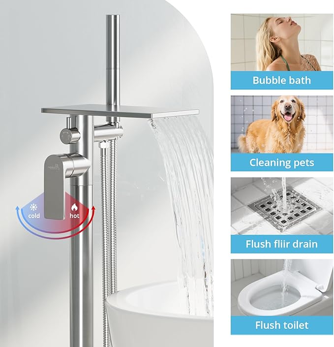 Freestanding Bathtub Faucet, Floor Mount Bathtub Faucet with 2 Water Outlet Modes, Swivel Gooseneck Spout with Hand Shower,Single Handle, Max Flow Rate 7.4 GPM (Waterfall 2-Brushed Nickel)