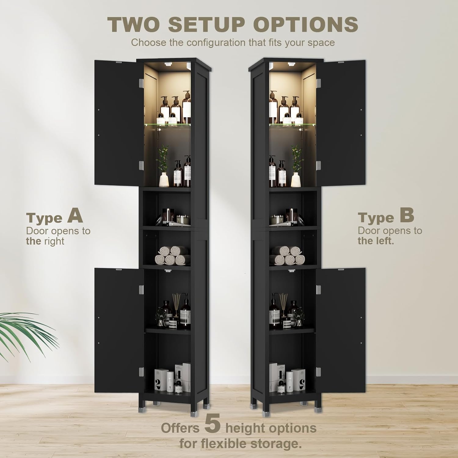 67" Tall Bathroom Storage Cabinet with Lights, Slim Narrow Bathroom Cabinet Organizer with Doors and Adjustable Shelves, Tall Cabinet for Small Space, Living Room (Black)