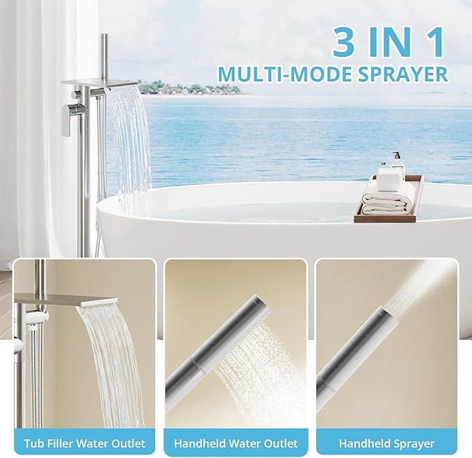 Freestanding Bathtub Faucet, Floor Mount Bathtub Faucet with 2 Water Outlet Modes, Swivel Gooseneck Spout with Hand Shower,Single Handle, Max Flow Rate 7.4 GPM (Waterfall 2-Brushed Nickel)