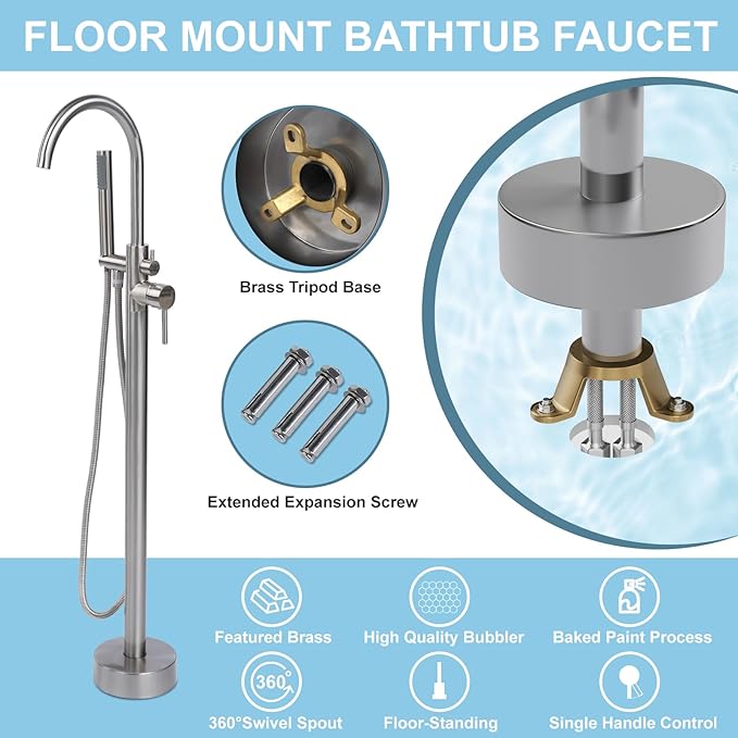 Freestanding Bathtub Faucet, Floor Mount Bathtub Faucet with 2 Water Outlet Mode, Swivel Gooseneck Spout with Hand Shower, Brass Single Handle Tub filler, Max Flow Rate 7.4 GPM (Gooseneck-Brushed Nickel)
