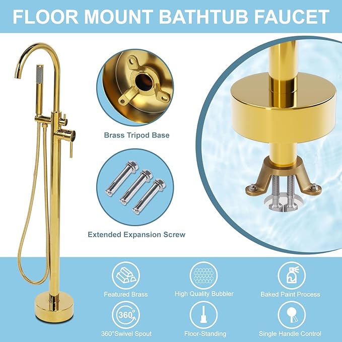 Freestanding Bathtub Faucet, Floor Mount Bathtub Faucet with 2 Water Outlet Modes, Swivel Gooseneck Spout with Hand Shower, Brass Single Handle Tub filler, Max Flow Rate 7.4 GPM (Gooseneck-Bright Gold)