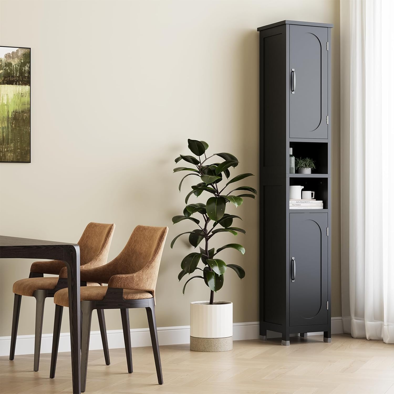 67" Tall Bathroom Storage Cabinet with Lights, Slim Narrow Bathroom Cabinet Organizer with Doors and Adjustable Shelves, Tall Cabinet for Small Space, Living Room (Black)