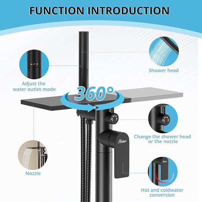 Freestanding Bathtub Faucet, Floor Mount Bathtub Faucet with 3 Water Outlet Modes, Swivel Waterfall Spout with Hand Shower, Brass Single Handle Tub filler, Max Flow Rate 7.4 GPM (Waterfall 2-Black)