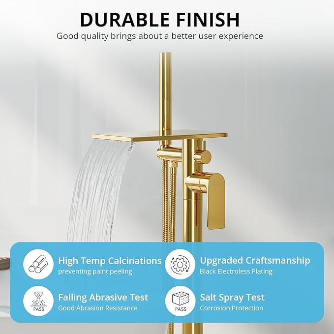 Freestanding Bathtub Faucet, Floor Mount Bathtub Faucet with 2 Water Outlet Modes, Swivel Gooseneck Spout with Hand Shower,Single Handle, Max Flow Rate 7.4 GPM (Waterfall 2-Bright Gold)