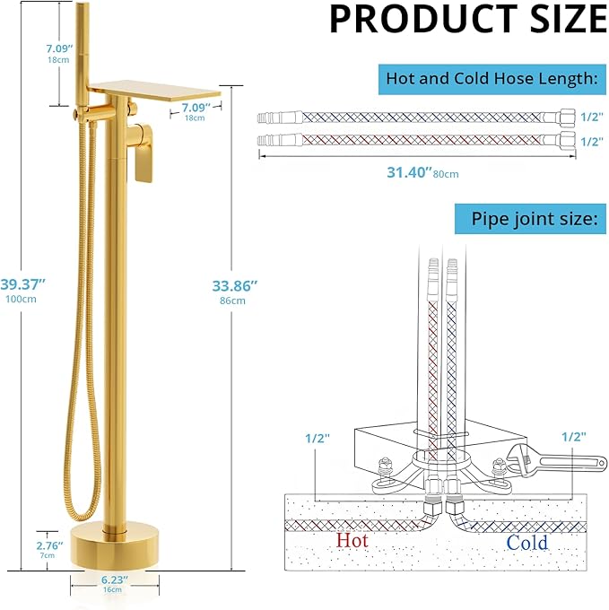 Freestanding Bathtub Faucet, Floor Mount Bathtub Faucet with 2 Water Outlet Modes, Swivel Gooseneck Spout with Hand Shower,Single Handle, Max Flow Rate 7.4 GPM (Waterfall 2-Bright Gold)