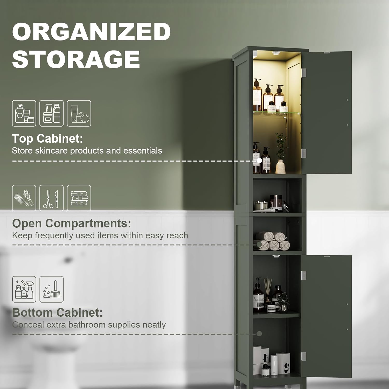 67" Tall Bathroom Storage Cabinet with Lights, Slim Narrow Bathroom Cabinet Organizer with Doors and Adjustable Shelves, Tall Cabinet for Small Space, Living Room (Green)