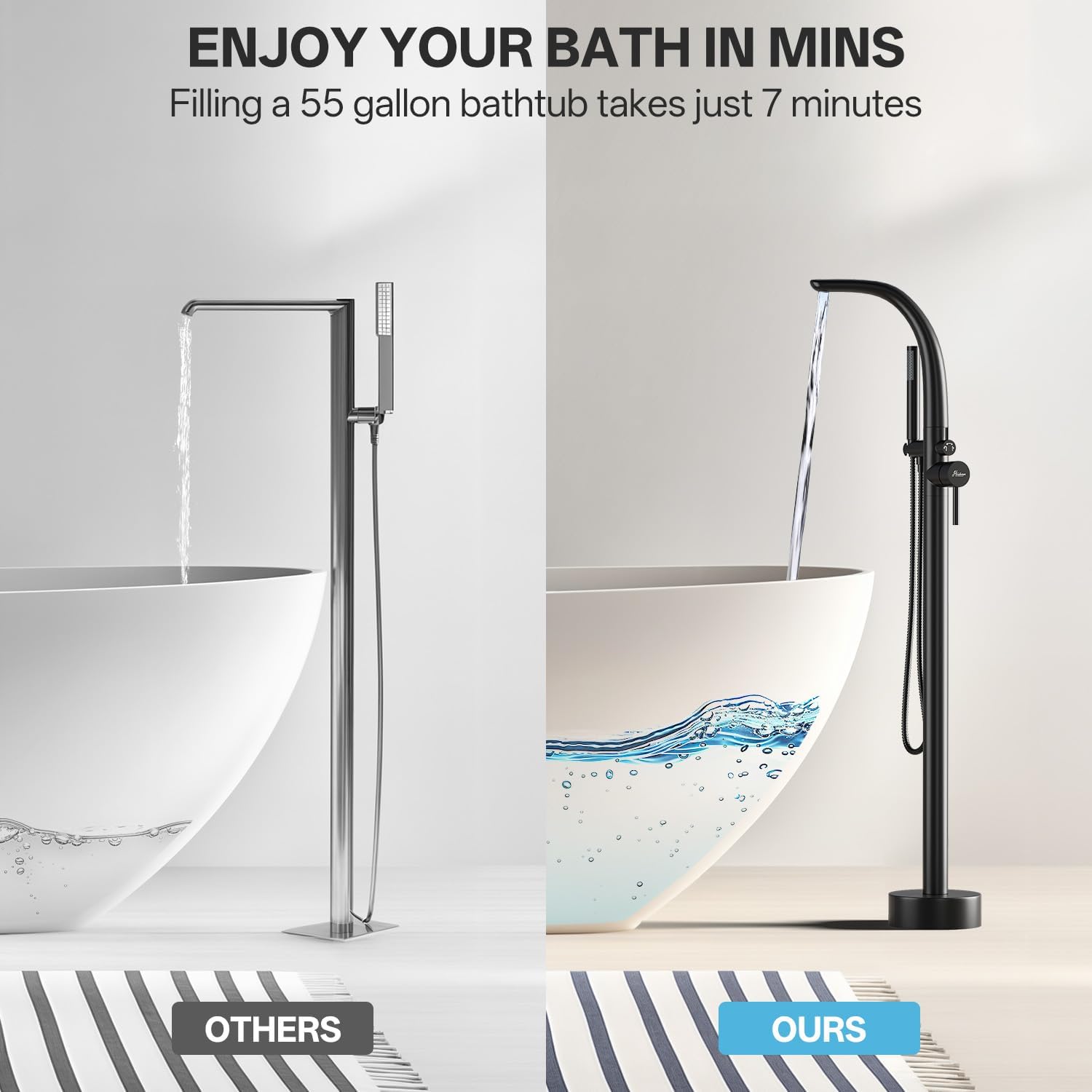 Freestanding Bathtub Faucet, Floor Mount Bathtub Faucet with 2 Water Outlet Modes, Swivel Gooseneck Spout with Hand Shower,Single Handle, Max Flow Rate 7.4 GPM (Type3-Black)