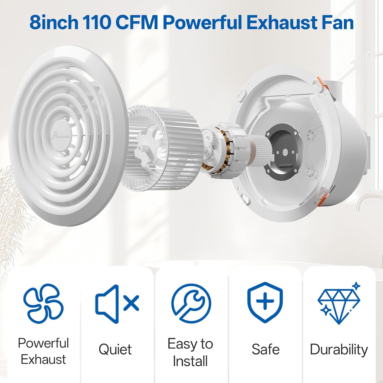 Hawkrown 8 Inch Round Bathroom Exhaust Fan,110 CFM 1 Sone Powerful and Quiet Bathroom Ventilation, Replacement for Mobile Home,Through Wall Vent Fan, Easy Install